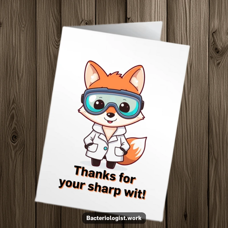 Funny free printable thank you card: A smiling fox bacteriologist in a lab coat and goggles, offering clever gratitude.