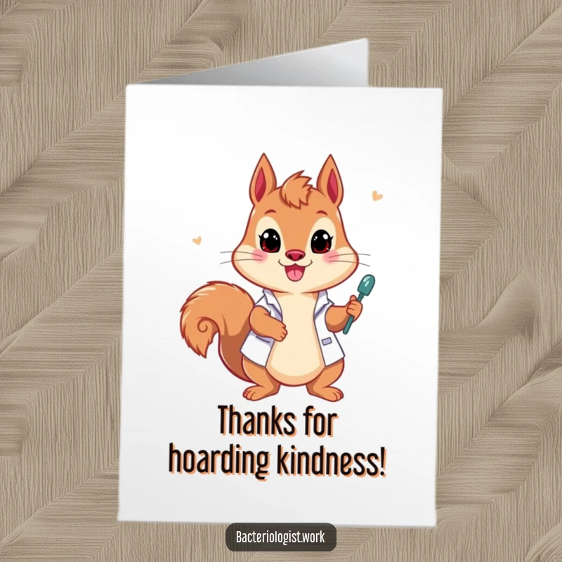 Funny free printable thank you card: A playful squirrel bacteriologist enthusiastically draws samples, conveying energetic gratitude.