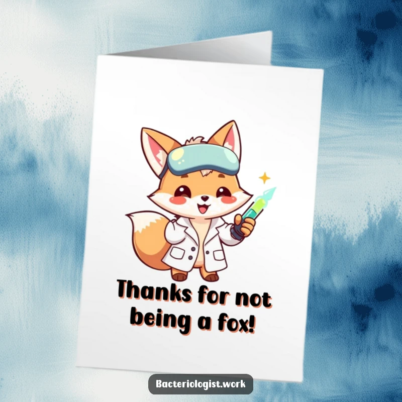 Funny Free Printable Thank You Card: A smiling fox scientist in a lab coat injects a glowing liquid, offering thanks.
