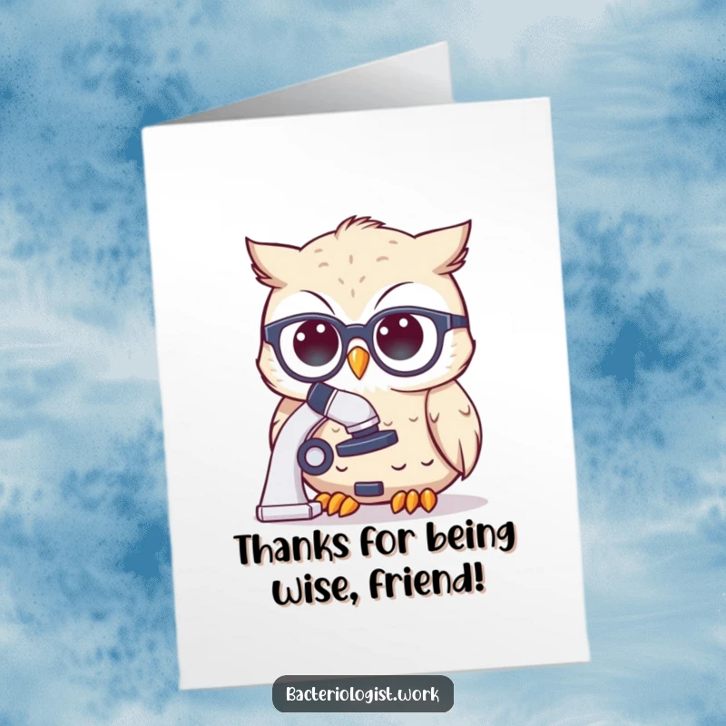 Funny Free Printable Thank You Card: A cute owl in spectacles peers at a microscope, conveying thoughtful thanks.