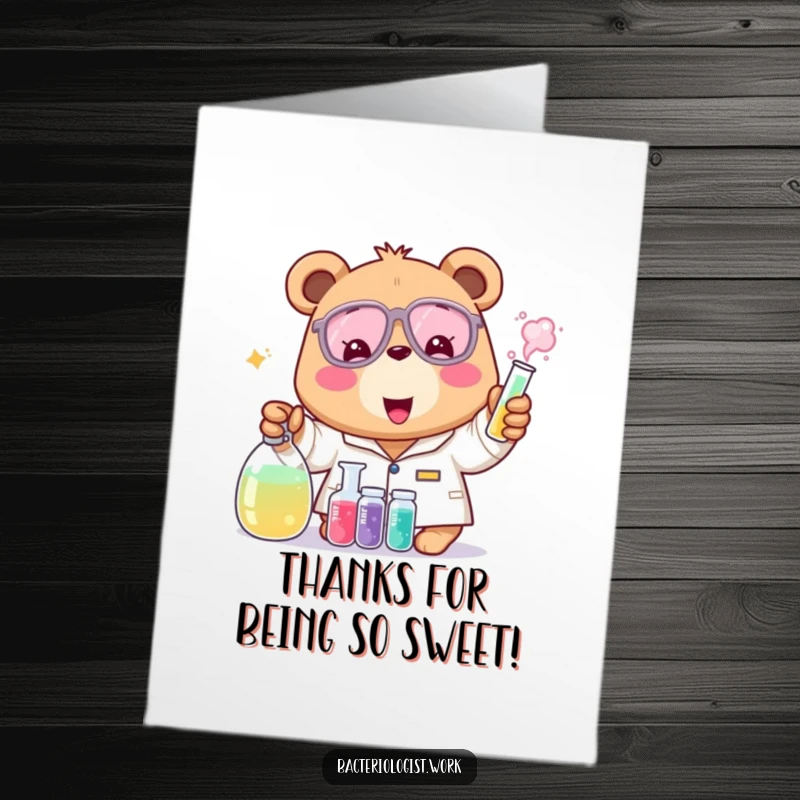 Funny free printable thank you card: A cheerful bear bacteriologist excitedly mixing colorful liquids, conveying warm gratitude.