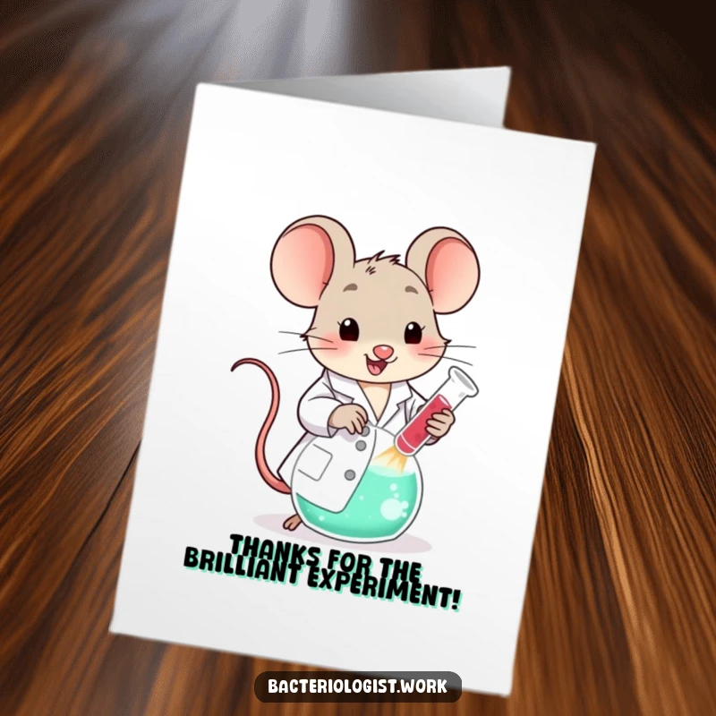 Funny Free Printable Thank You Card: A happy lab mouse in a coat offers thanks, stirring a beaker with a grateful expression.