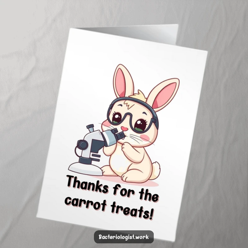 Funny free printable thank you card: A rabbit bacteriologist engrossed in a microscope, sending gratitude through scientific discovery.
