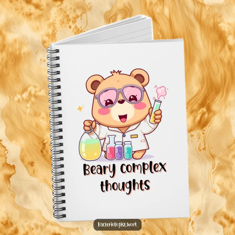 Funny bear bacteriologist notebook, cheerful and excited, mixing colorful liquids, humorous journal for science lovers, useful gift.