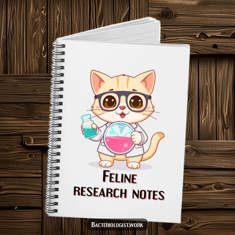 Funny cat bacteriologist notebook, curious and focused, holding a petri dish, humorous journal for science lovers, useful gift.