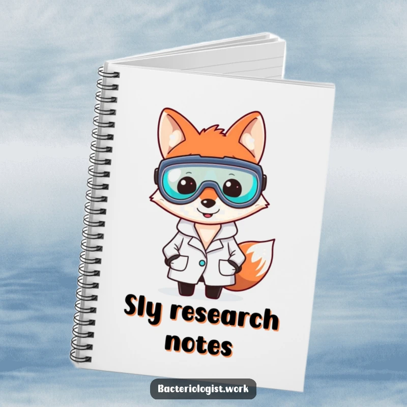 Funny fox bacteriologist notebook, smiling and clever, wearing lab coat and goggles, humorous journal for science lovers, useful gift.