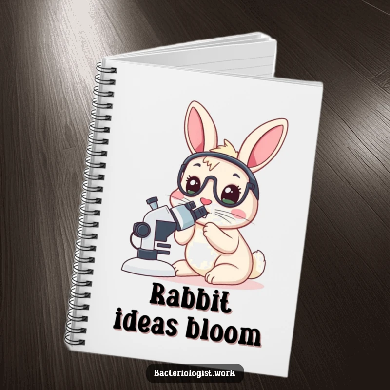 Funny rabbit bacteriologist notebook, wide-eyed, peering into a microscope, humorous journal for science lovers, useful gift.