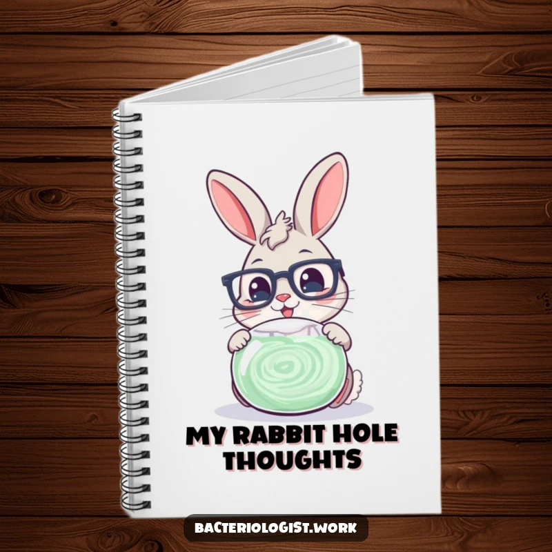 Funny scientist bunny wearing glasses, cheerfully examining a swirling petri dish, perfect for note-taking and journaling.