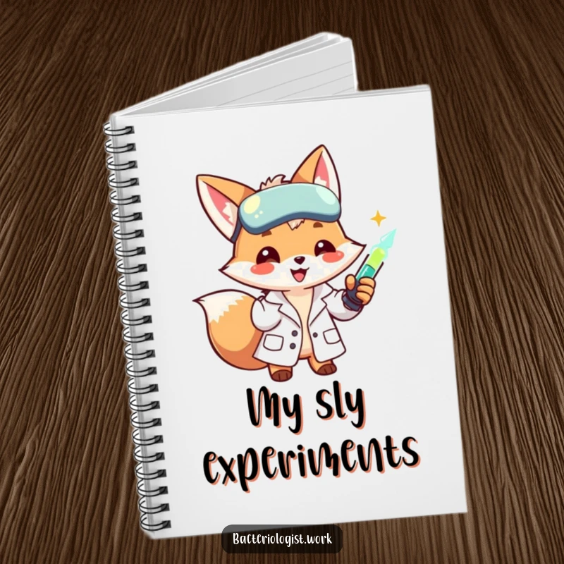 Funny scientist fox in a lab coat, smiling and injecting a glowing liquid, great for note-taking and journaling.