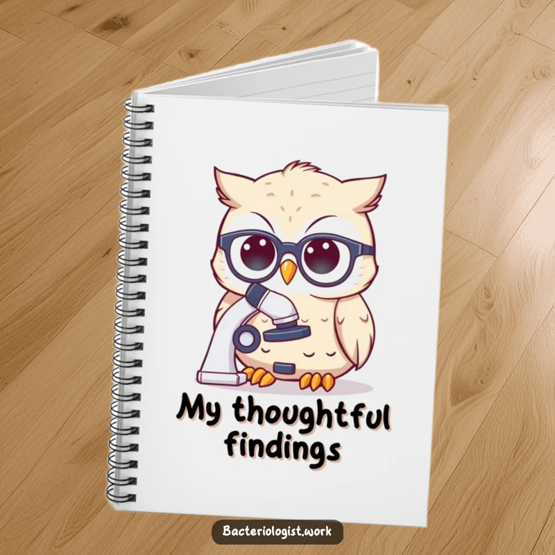 Funny scientist owl wearing spectacles, thoughtfully peering at a microscope, great for note-taking and journaling.
