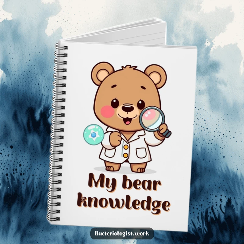 Funny scientist bear in a lab coat, happily examining a tiny cell with a magnifying glass, great for journaling.