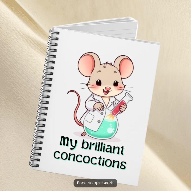 Funny scientist mouse in a lab coat, happily stirring a large bubbling beaker, for jotting down ideas and notes.