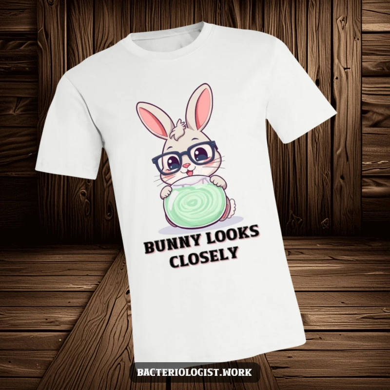Funny scientist bunny wearing glasses, cheerfully examining a swirling petri dish, a must-have for science enthusiasts.