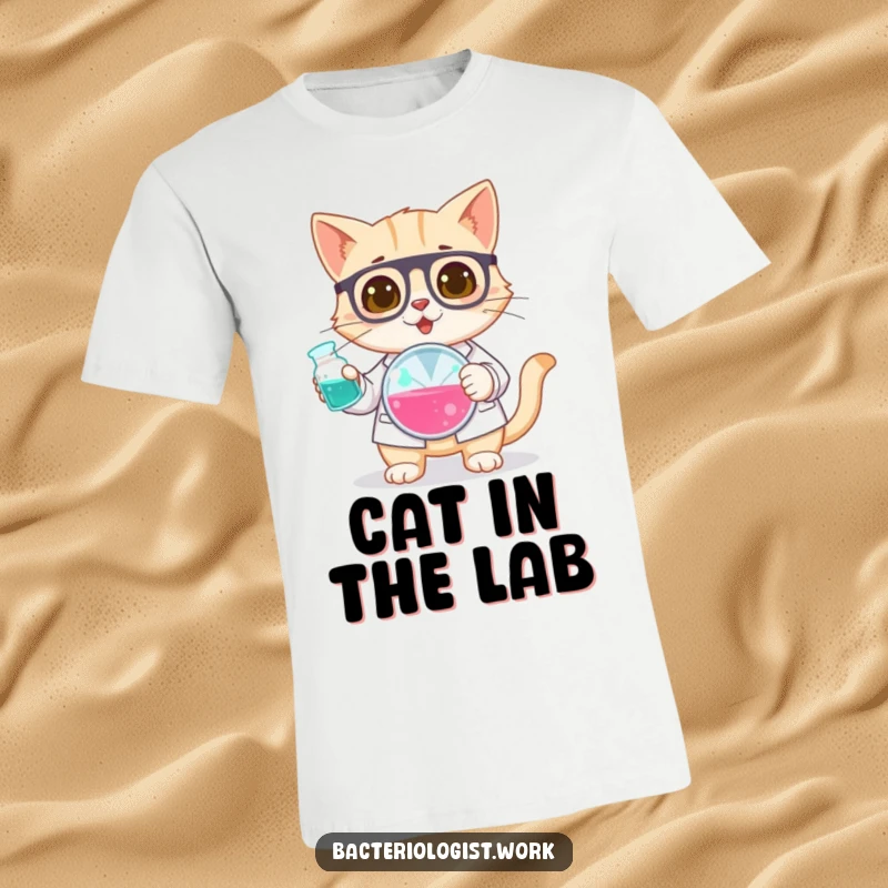 Funny cat bacteriologist t-shirt, curious and focused, holding a petri dish, humorous science apparel, purrfect gift.