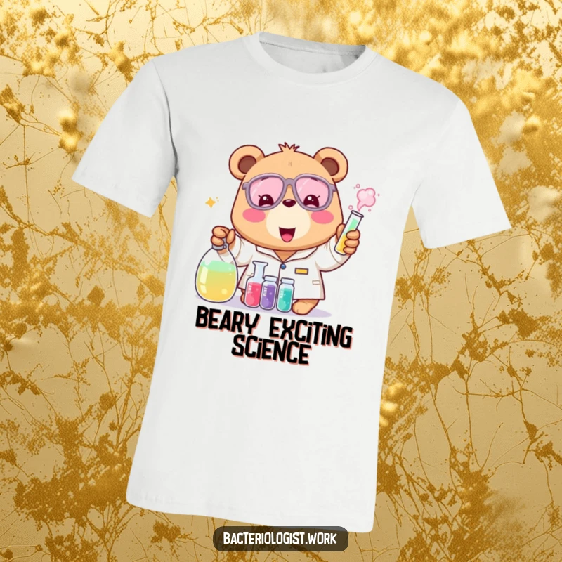 Funny bear bacteriologist t-shirt, cheerful and excited, mixing colorful liquids, humorous science apparel, perfect gift.