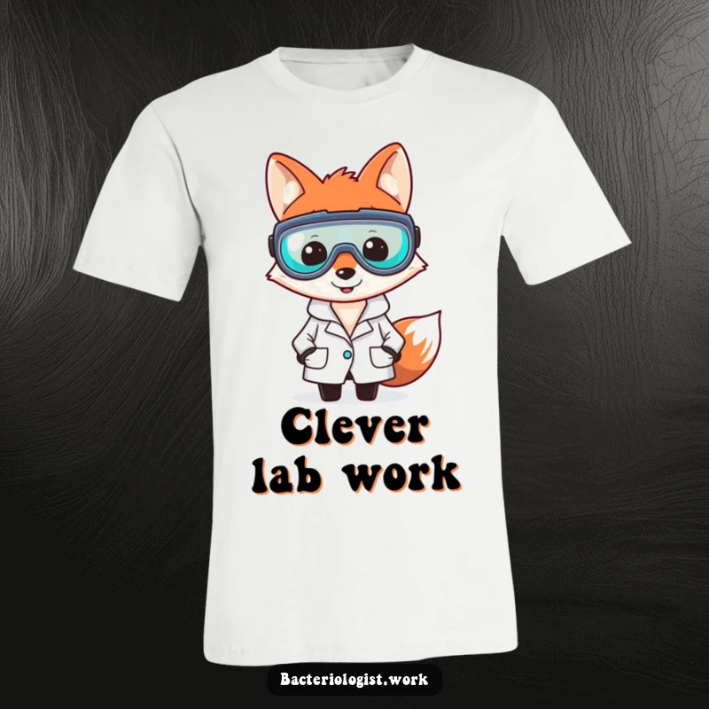 Funny fox bacteriologist t-shirt, smiling and clever, wearing lab coat and goggles, humorous science apparel, perfect gift.