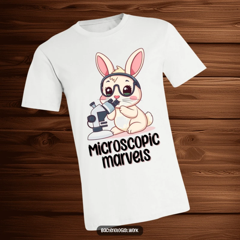 Funny rabbit bacteriologist t-shirt, wide-eyed and focused, peering into a microscope, perfect humorous science apparel gift.