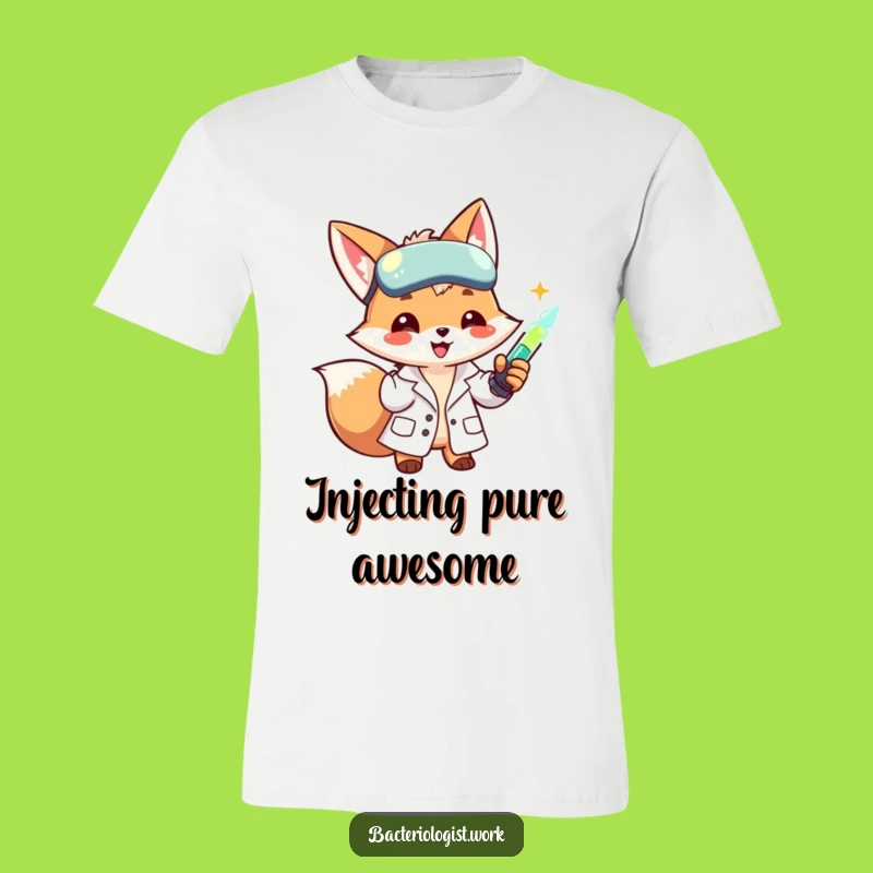 Funny Scientist Fox T-Shirt: Smiling Lab Coat Character Injecting Liquid, Hilarious Gift