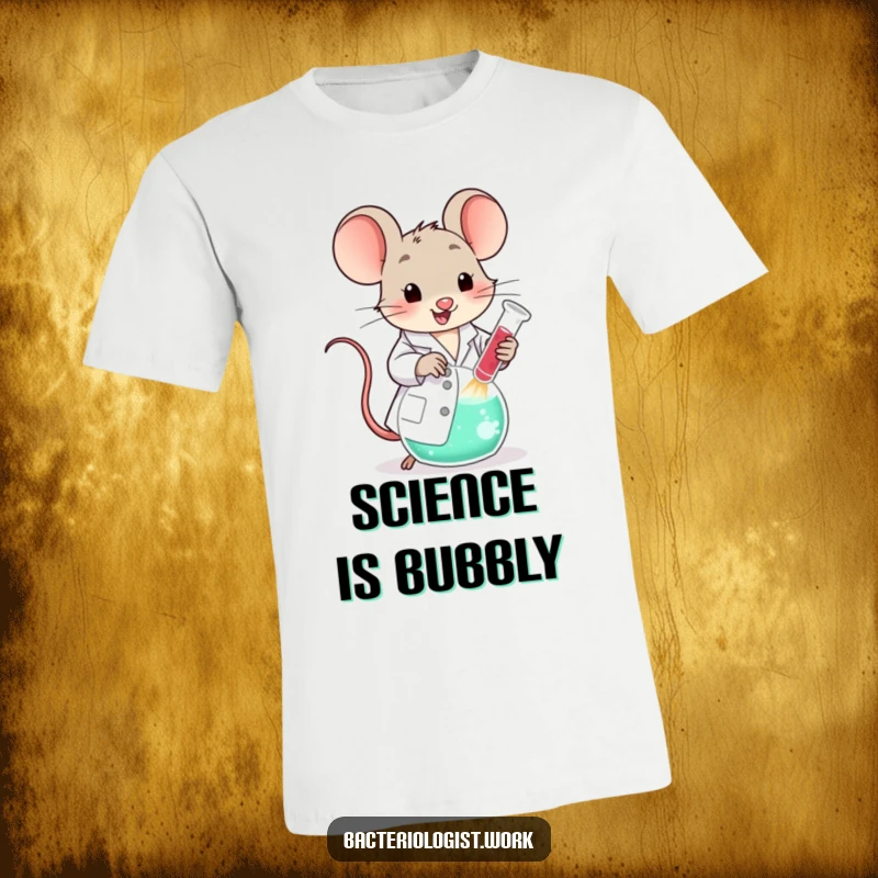 Funny scientist mouse wearing a lab coat, happily stirring a large bubbling beaker, perfect for science lovers.