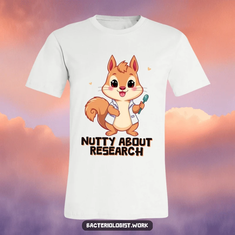Funny squirrel bacteriologist t-shirt, playful and enthusiastic, drawing samples, energetic and humorous science apparel, great gift.