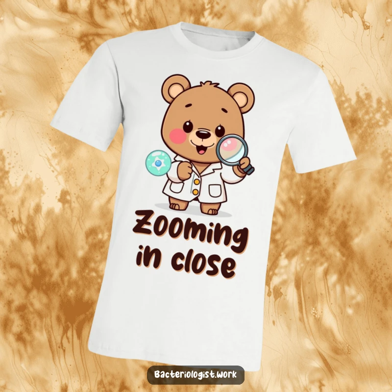 Funny scientist bear wearing a lab coat, happily examining a tiny cell with a magnifying glass, great for science fans.