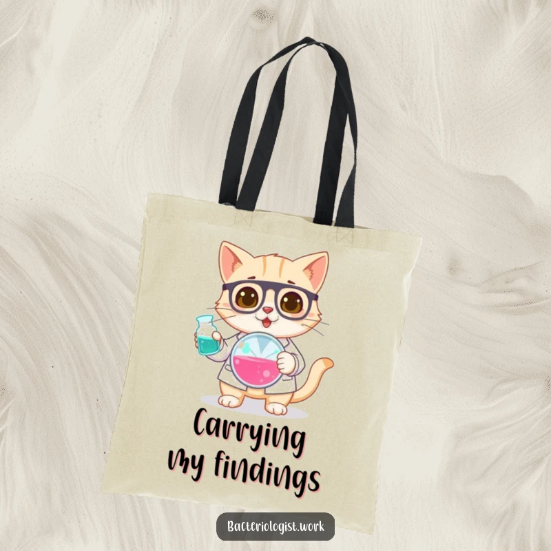 Funny cat bacteriologist tote bag, curious and focused, holding a petri dish, stylish and humorous science accessory, ideal gift.