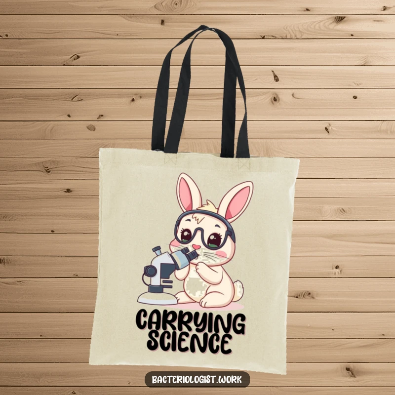 Funny rabbit bacteriologist tote bag, wide-eyed, peering into a microscope, stylish and humorous science accessory, ideal gift.