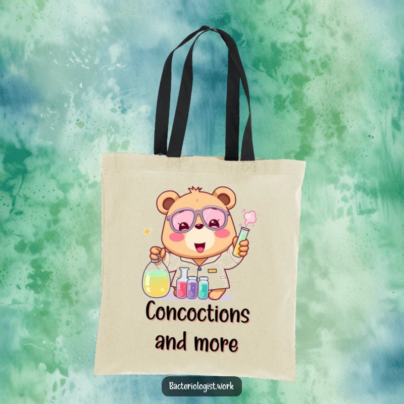 Funny bear bacteriologist tote bag, cheerful and excited, mixing colorful liquids, stylish and humorous science accessory, ideal gift.