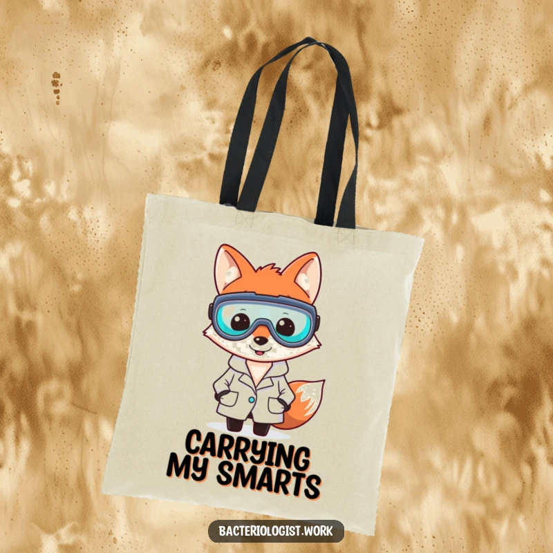 Funny fox bacteriologist tote bag, smiling and clever, wearing lab coat and goggles, stylish and humorous science accessory, ideal gift.