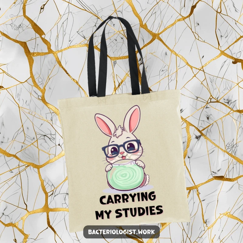 Funny scientist bunny wearing glasses, cheerfully examining a swirling petri dish, a stylish and practical tote.