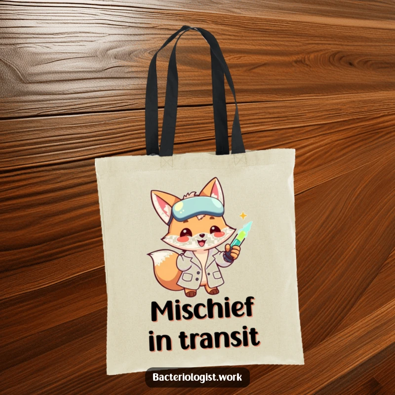 Funny scientist fox in a lab coat, smiling and injecting a glowing liquid, a stylish and practical tote bag.