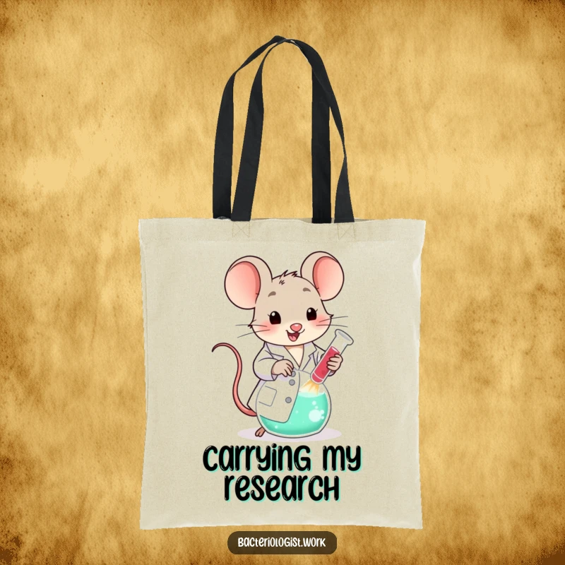 Funny scientist mouse in a lab coat, happily stirring a large bubbling beaker, a practical and humorous tote bag.