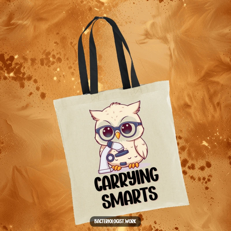 Funny scientist owl wearing spectacles, thoughtfully peering at a microscope, a stylish and practical tote bag.