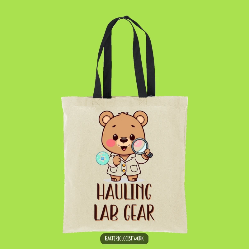Funny Scientist Bear Tote Bag: Happy Lab Coat Character Examining Cell, Practical Funny Gift